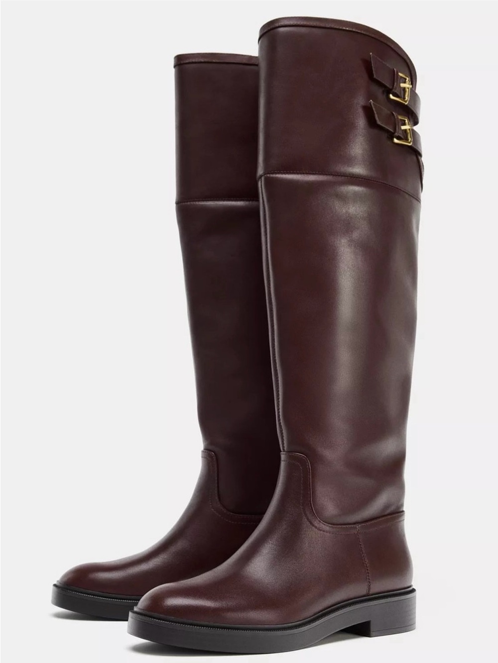 Zara NWT Brown Leather Faux Shearling Double Buckle Riding Boots 8 - Picture 2 of 15